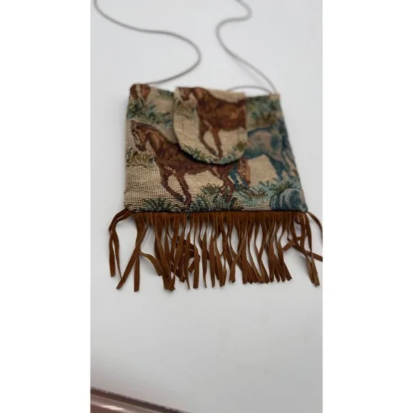 Vintage Style Horse Tapestry Crossbody Bag with Brown Fringe Western Boho Pouch - Picture 2 of 7